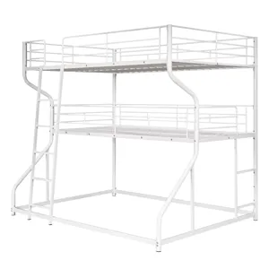 Full Long Over Twin Long Over Queen Size Triple Bunk Bed With Long And Short Ladder - White