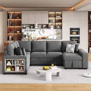 U-Shaped Sectional Sofa Pull-Out Sofa Bed With Two USB Ports, A Storage Chaise Lounge And Four Back 