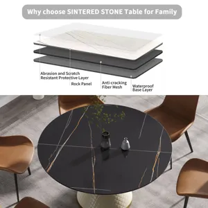 53.15\" Modern Artificial Stone Round Carbon Steel Base Dining Table, Can Accommodate 6 People - Bla