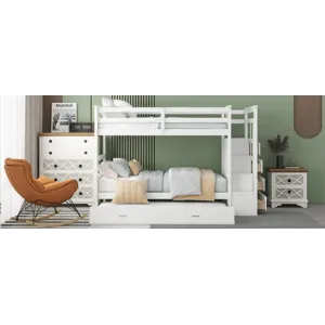 Twin Over Twin Bunk Bed With Trundle And Staircase - White