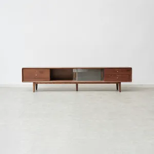 TV Cabinet With Chinese Changhong Glass Doors, Two Drawer Storage Space TV Standing - Walnut