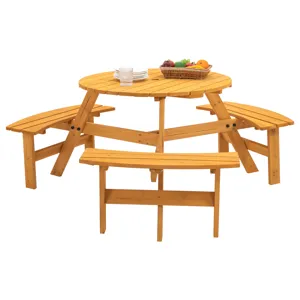 6 Person Circular Outdoor Wooden Picnic Table For Patio, Backyard, Garden, Diy With 3 Built-In Bench