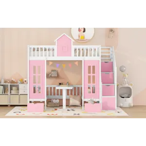 Twin Over Twin Bunk Bed With Changeable Table, Bunk Bed Turn Into Upper Bed And Down Desk - Pink
