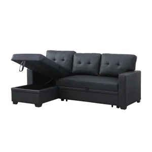 Upholstered Pull Out Sectional Sofa With Chaise - Black