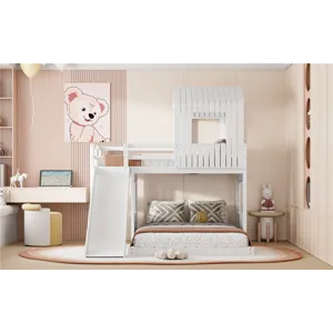 Wooden Twin Over Full Bunk Bed, Loft Bed With Playhouse, Farmhouse, Ladder, Slide And Guardrails - W