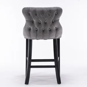 Contemporary Velvet Upholstered Wing-Back Barstools With Button Tufted Decoration And Wooden Legs, A