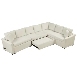 L-Shaped Sofa Convertible Sofa Bed Pull Out Sofa Sleeper With Two Back Pillows, Two USB Ports And Tw