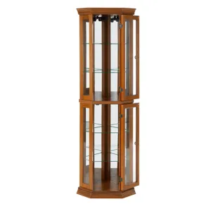 Corner Curio Cabinet With Lights, Adjustable Tempered Glass Shelves, Mirrored Back, Display Cabinet (E26 Light Bulb Not Included) - Oak
