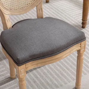 French Style Solid Wood Frame Antique Painting Linen Fabric Rattan Back Dining Chair (Set of 2) - Gr
