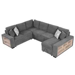 U-Shaped Sectional Sofa Pull-Out Sofa Bed With Two USB Ports, A Storage Chaise Lounge And Four Back 