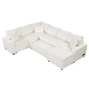 Sectional Sofa Pull-Out Sofa Bed Sleeper With A Storage Ottoman, Three Pillows And Charging Devices 