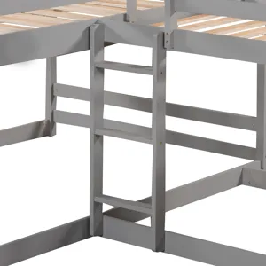 Full And Twin Size L-Shaped Bunk Bed With Slide And Short Ladder - Gray