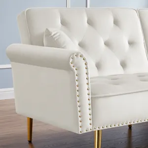 Velvet Tufted Sofa Couch With 2 Pillows And Nailhead Trim - Beige