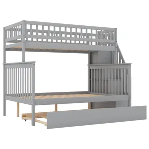 Twin Over Full Bunk Bed With Trundle And Staircase - Gray