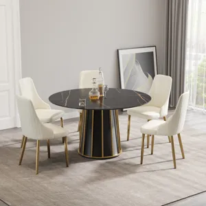 Modern Artificial Stone Round Metal Iron Base Dining Table, Can Accommodate 6 People (Not Including 