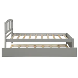 Twin Size Platform Bed Wood Bed Frame With Trundle - Gray
