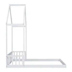 Full Roof-Framed Headboard Floor Bed With Headboard Guardrails - Without Slats White