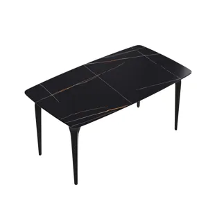 63\" Artificial Stone Black Curved Black Metal Leg Dining Table, 6 People - Black