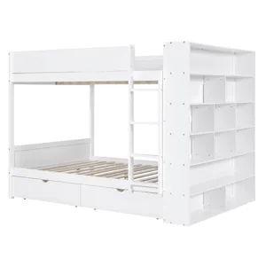 Full Over Full Bunk Bed With 2 Drawers And Multi - Layer Cabinet - White