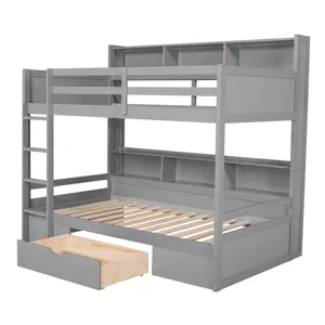 Twin Size Bunk Bed With Built-In Shelves Beside Both Upper And Down Bed And Storage Drawer - Gray