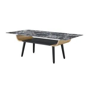 Landon - Table With Glass Black Marble Texture Top And Bent Wood Design - Coffee