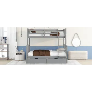 Twin Over Full Bunk Bed With Ladders And Two Storage Drawers - Gray