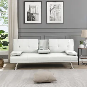 Futon Sofa Bed With Armrest Two Holders - White