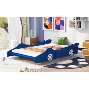 Full Size Race Car-Shaped Platform Bed With Wheels - Blue