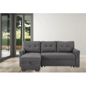 Destiny - Linen Reversible Sleeper Sectional Sofa With Storage Chaise - Dark Gray