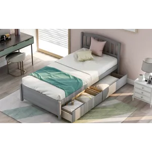 Twin Platform Storage Bed Wood Bed Frame With Two Drawers And Headboard - Gray