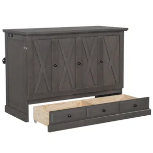 Full Solid Pine Murphy Bed Chest Cube Cabinet Bed With Charging Station And Large Storage Drawer For