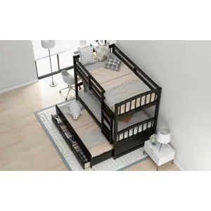 Twin Over Twin Wood Bunk Bed With Trundle And Drawers - Espresso