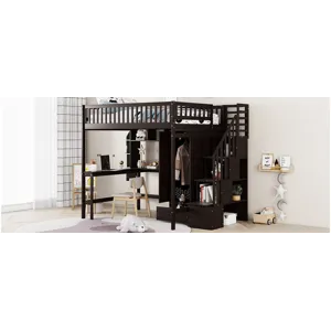 Full Size Loft Bed With Bookshelf, Drawers, Desk, And Wardrobe - Espresso