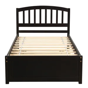 Twin Size Platform Bed Wood Bed Frame With Trundle - Espresso