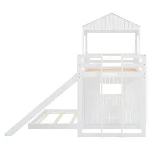 Wooden Twin Over Full Bunk Bed, Loft Bed With Playhouse, Farmhouse, Ladder, Slide And Guardrails - W