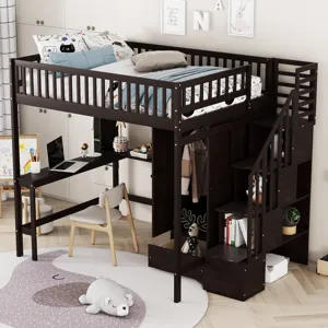 Full Size Loft Bed With Bookshelf, Drawers, Desk, And Wardrobe - Espresso