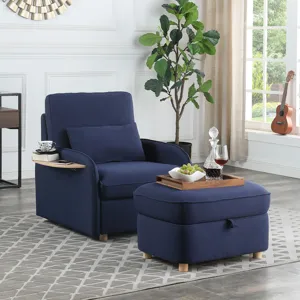 Huckleberry - Linen Accent Chair With Storage Ottoman And Folding Side Table - Blue