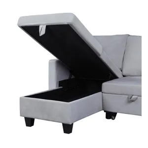 Nova - Velvet Reversible Sleeper Sectional Sofa With Storage Chaise - Light Gray