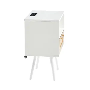 15.75\" Rattan End Table With Power Outlet & USB Ports, Modern Nightstand With Drawer And Solid Wood