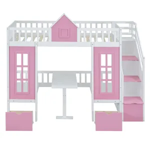 Twin Over Twin Bunk Bed With Changeable Table, Bunk Bed Turn Into Upper Bed And Down Desk - Pink