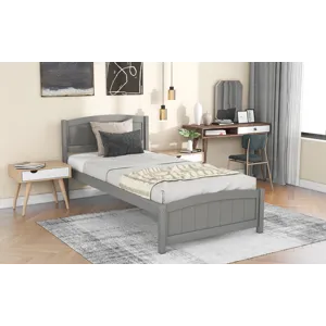 Twin Platform Bed With Headboard, Footboard And Wood Slat Support - Gray