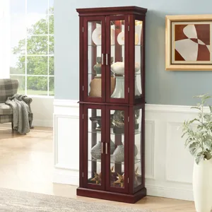 Curio Cabinet Lighted Curio Diapaly Cabinet With Adjustable Shelves And Mirrored Back Panel, Tempere