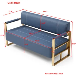 Modern Upholstery Accent Loveseat Sofa For Living Room 2 Seater With Golden Metal Arms - Blue