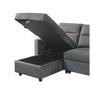 Ivy - Velvet Reversible Sleeper Sectional Sofa With Storage Chaise And Side Pocket - Dark Gray