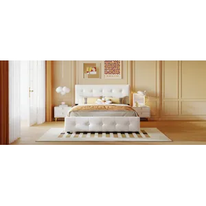 Queen Size Upholstered Platform Bed With Classic Headboard And 4 Drawers, No Box Spring Needed - Whi