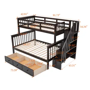Twin Over Full Stairway Bunk Bed With Drawer, Storage And Guard Rail For Bedroom, Dorm, For Adults -