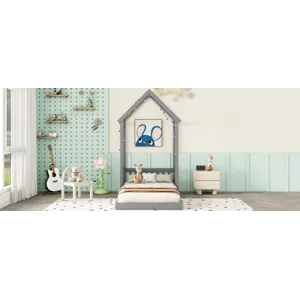 Twin House-Shaped Roof Headboard Floor Bed, (Without Slats) - Gray