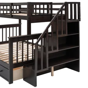 Twin Over Full Stairway Bunk Bed With Drawer, Storage And Guard Rail For Bedroom, Dorm, For Adults -