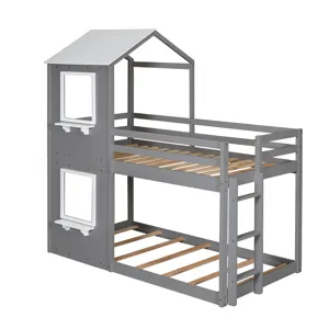 Twin Over Twin Bunk Bed Wood Bed With Roof, Window, Guardrail, Ladder - White