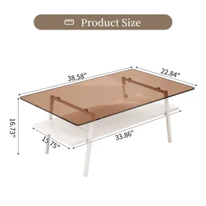 Rectangle Coffee Table, Tempered Glass Tabletop With White Metal Legs, Modern Table For Living Room 
